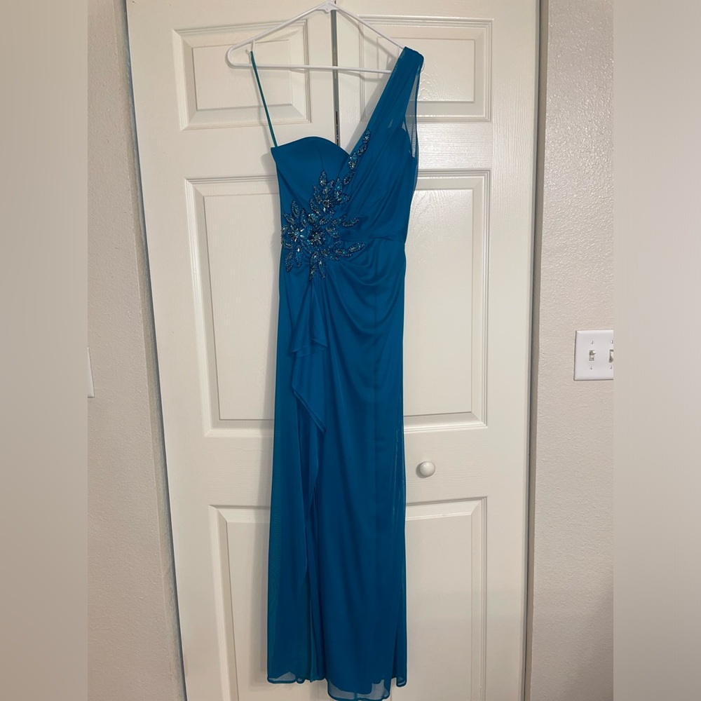 Xscape by Joanna Chen long teal one shoulder homecoming/ prom dress